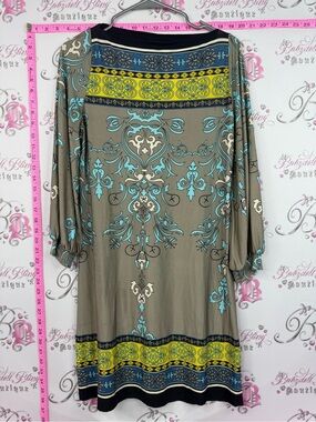 Analili dress Taupe Mini Dress with Teal and Yellow Print